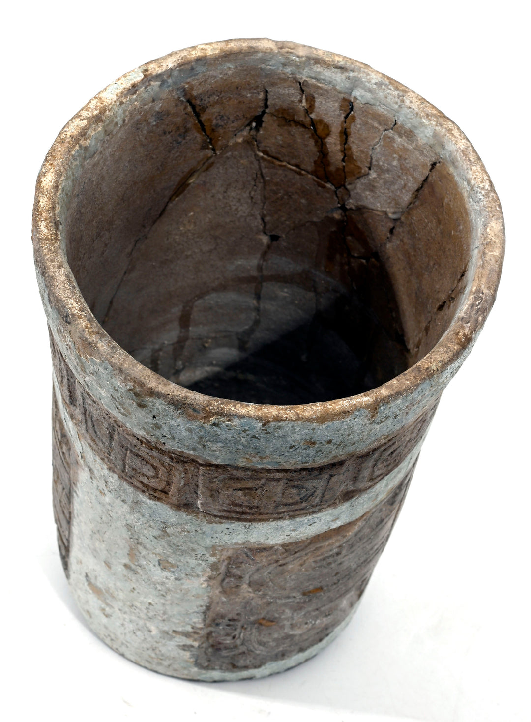 Maya Ceramic Cylinder Vessel with Stucco Decoration and Incised Glyphs