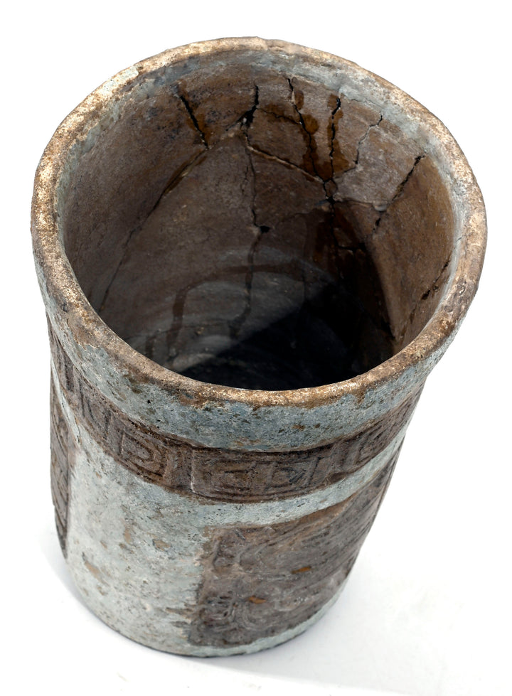 Maya Ceramic Cylinder Vessel with Stucco Decoration and Incised Glyphs