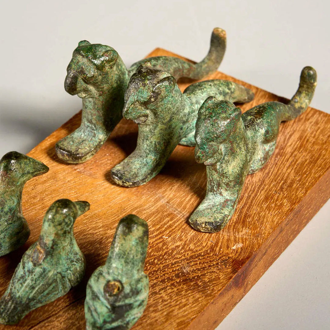 Italic Group of four Small Bronze Felines and Four Birds