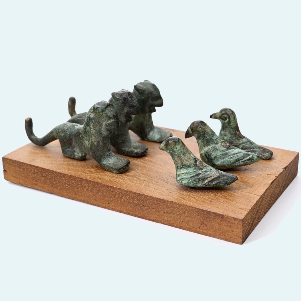 Italic Group of four Small Bronze Felines and Four Birds