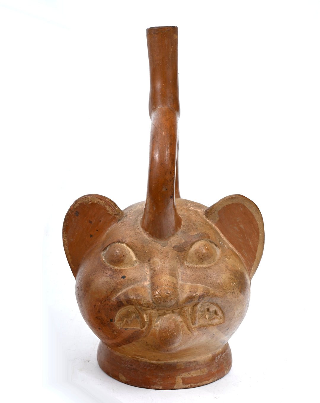 Moche Pottery Feline Headed Stirrup Vessel
