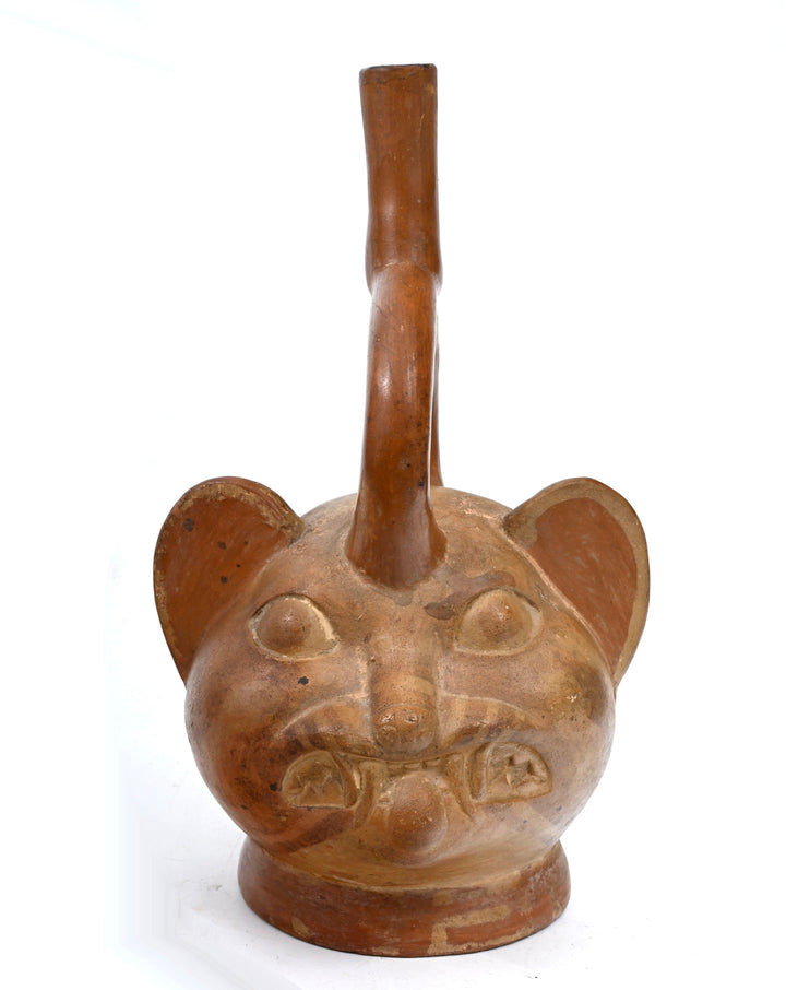 Moche Pottery Feline Headed Stirrup Vessel