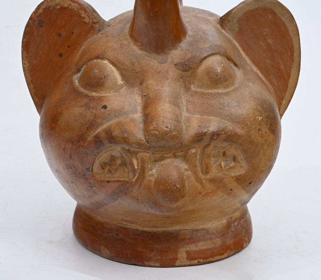 Moche Pottery Feline Headed Stirrup Vessel