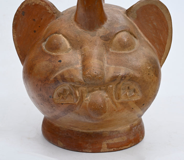 Moche Pottery Feline Headed Stirrup Vessel