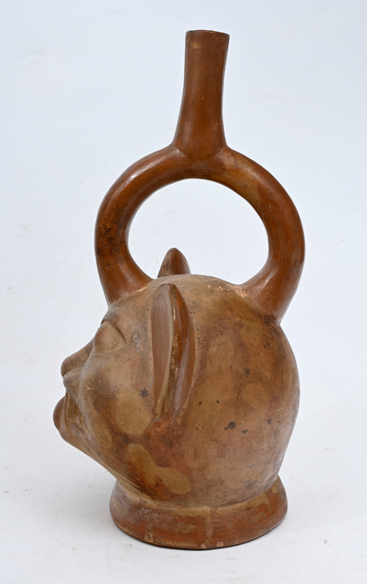 Moche Pottery Feline Headed Stirrup Vessel
