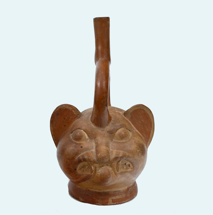 Moche Pottery Feline Headed Stirrup Vessel