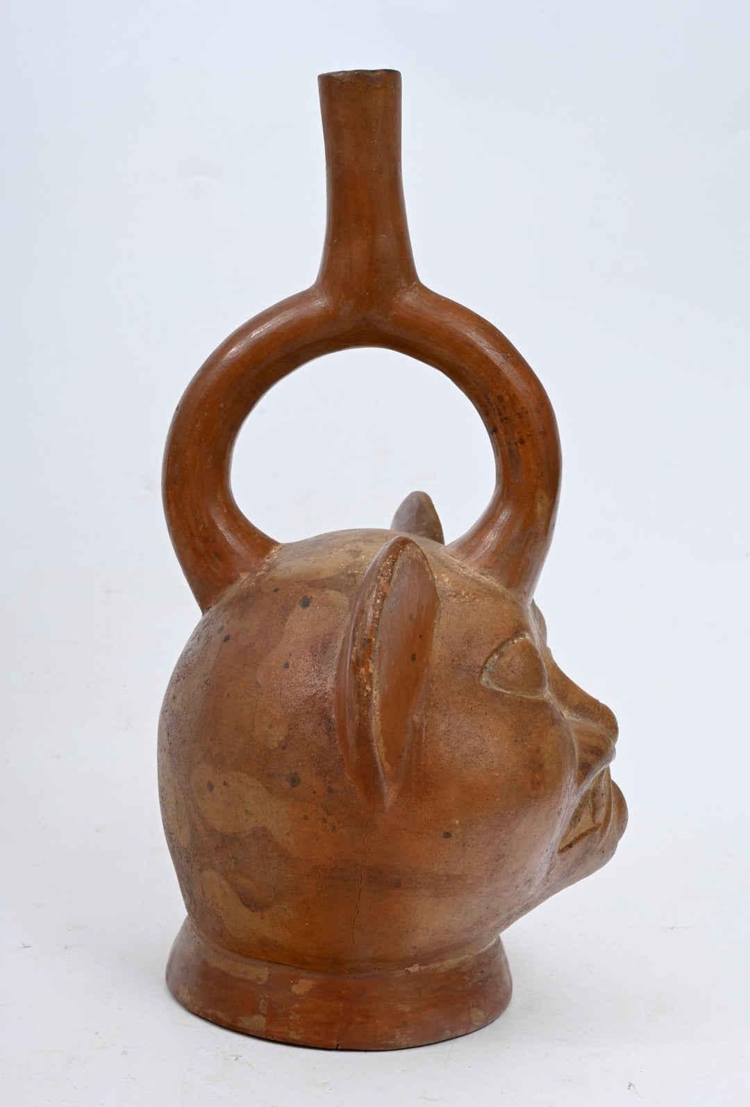Moche Pottery Feline Headed Stirrup Vessel