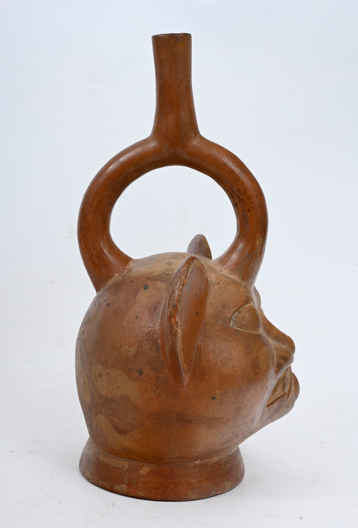 Moche Pottery Feline Headed Stirrup Vessel