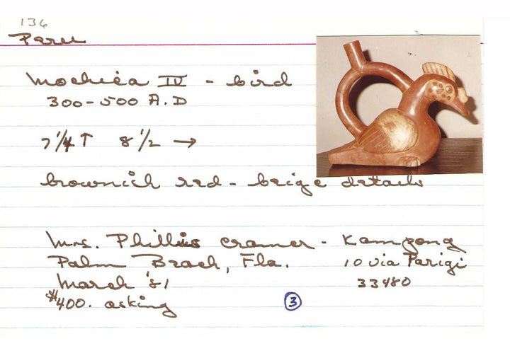 Moche Pottery Bird Formed Stirrup Vessel