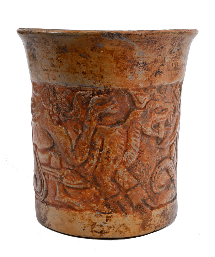 Maya Relief-Carved Pottery Cylinder Vessel depicting Hero Twin and Underworld Creatures