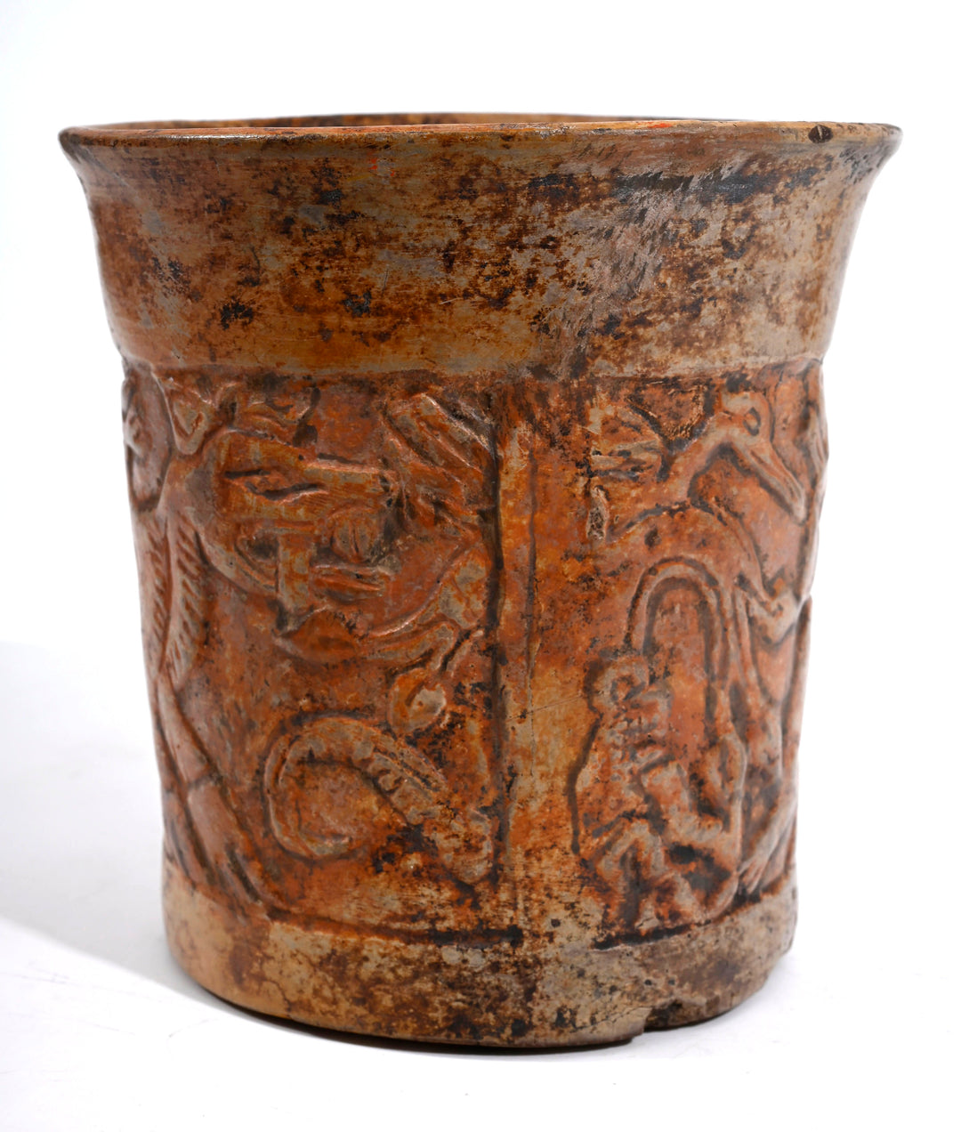 Maya Relief-Carved Pottery Cylinder Vessel depicting Hero Twin and Underworld Creatures