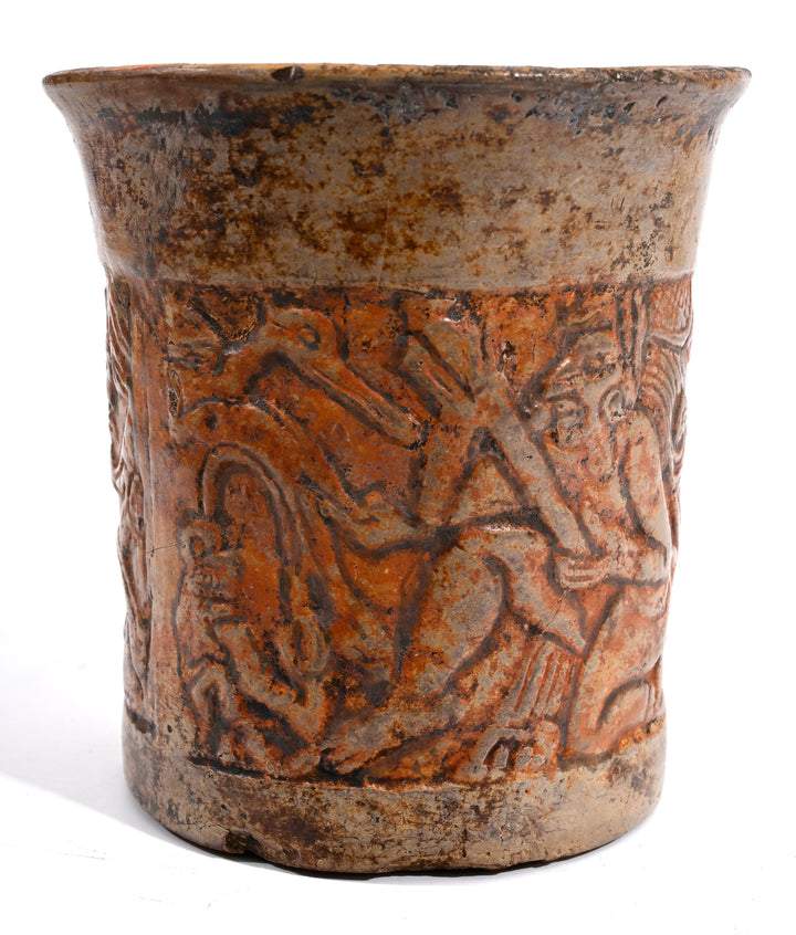 Maya Relief-Carved Pottery Cylinder Vessel depicting Hero Twin and Underworld Creatures