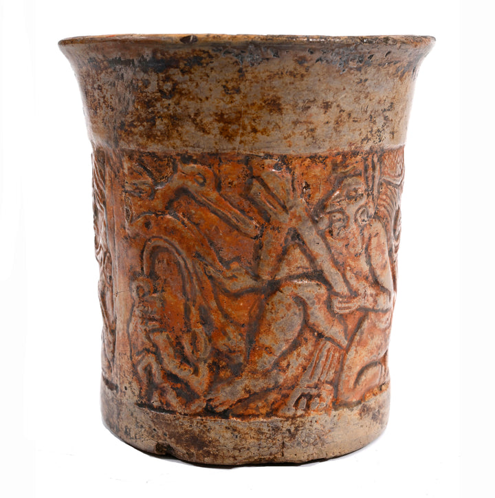 Maya Relief-Carved Pottery Cylinder Vessel depicting Hero Twin and Underworld Creatures
