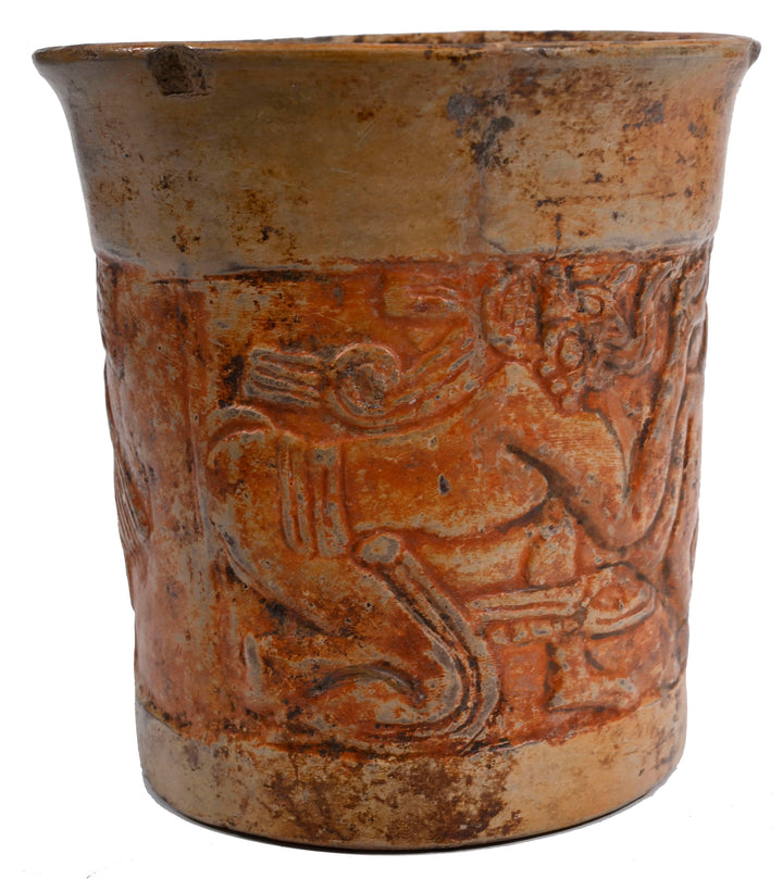 Maya Relief-Carved Pottery Cylinder Vessel depicting Hero Twin and Underworld Creatures
