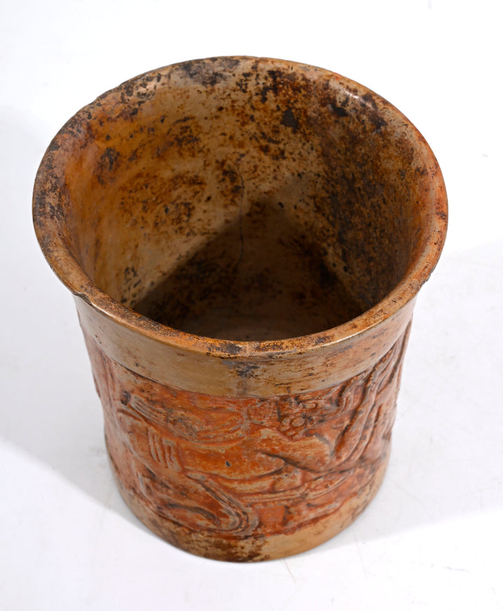 Maya Relief-Carved Pottery Cylinder Vessel depicting Hero Twin and Underworld Creatures