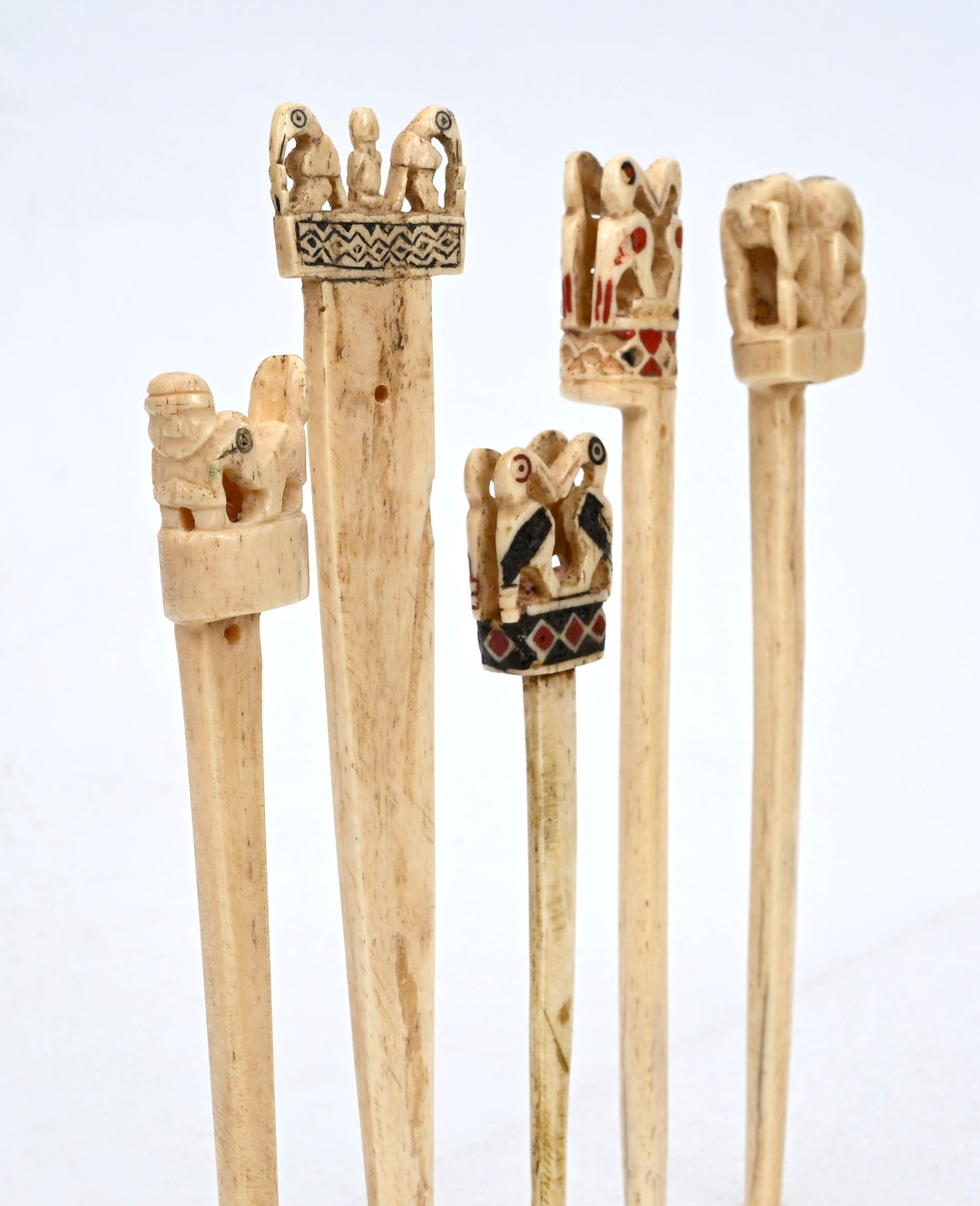 Set of Five Moche/Chimú Bone Tupu Pins with Bird Finials