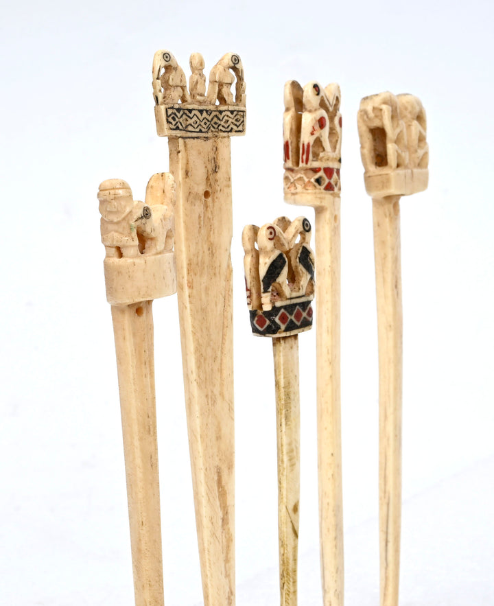 Set of Five Moche/Chimú Bone Tupu Pins with Bird Finials