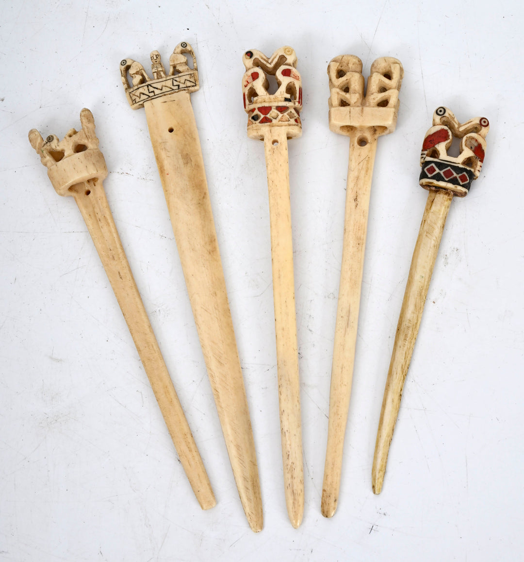 Set of Five Moche/Chimú Bone Tupu Pins with Bird Finials