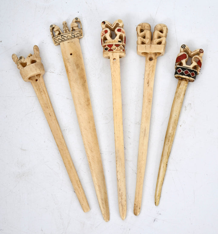 Set of Five Moche/Chimú Bone Tupu Pins with Bird Finials