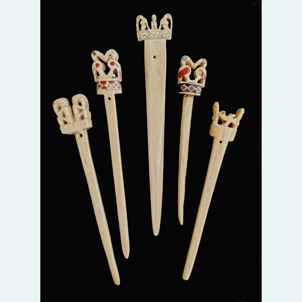 Set of Five Moche/Chimú Bone Tupu Pins with Bird Finials