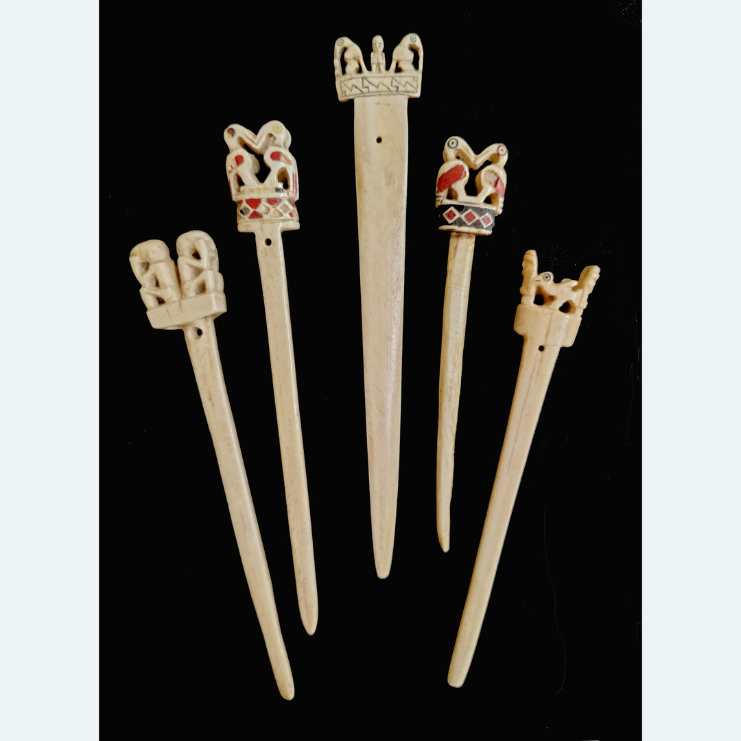 Set of Five Moche/Chimú Bone Tupu Pins with Bird Finials