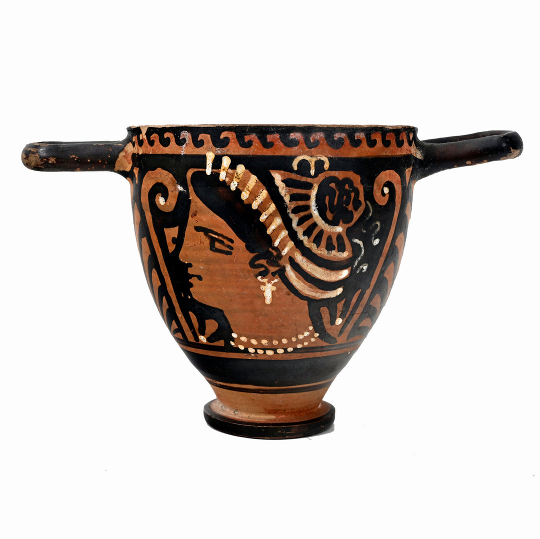 Apulian red-figure skyphos with profile Lady of Fashion, side A view, Magna Graecia ca. 340–320 BCE