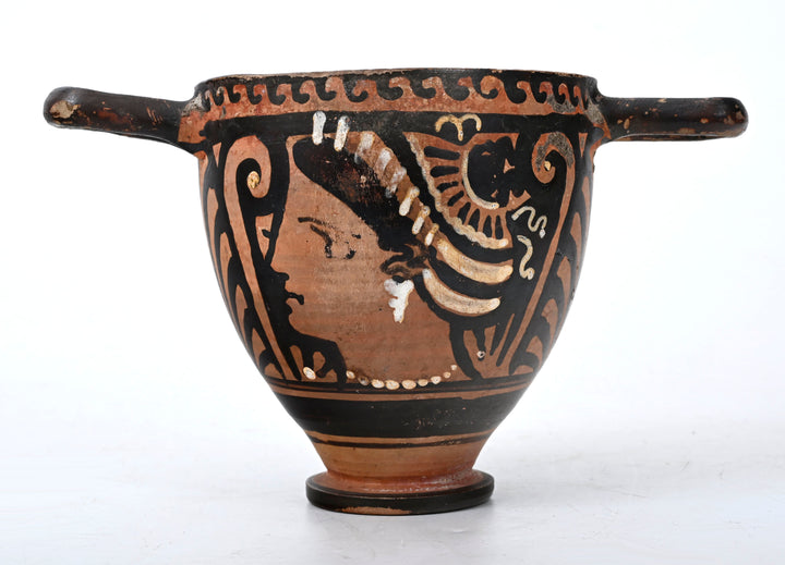 Apulian red-figure skyphos, side B mirror view of Lady of Fashion, ca. 340–320 BCE