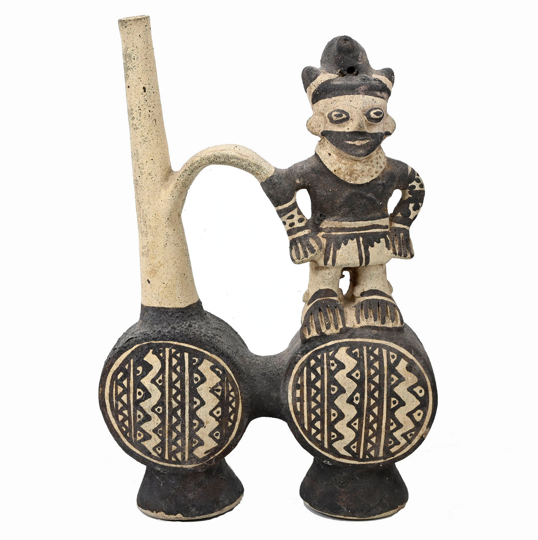 Chancay Double-Chambered Whistling Vessel with Standing Figure