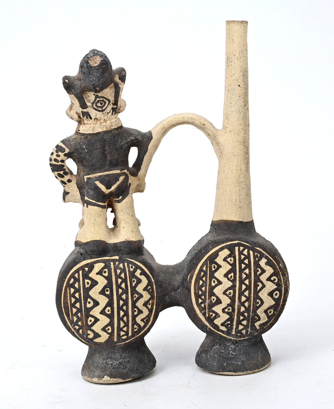 Chancay Double-Chambered Whistling Vessel with Standing Figure