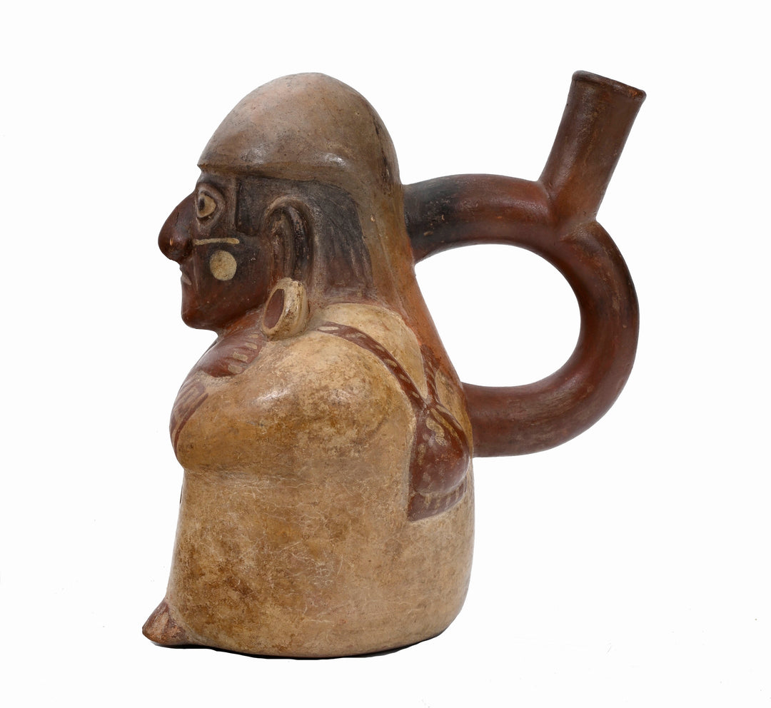 Moche (Mochica) Pottery Bi-chrome Figural Stirrup Vessel