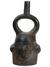 Moche BlackWare Janiform Pottery Portrait Head Stirrup Vessel
