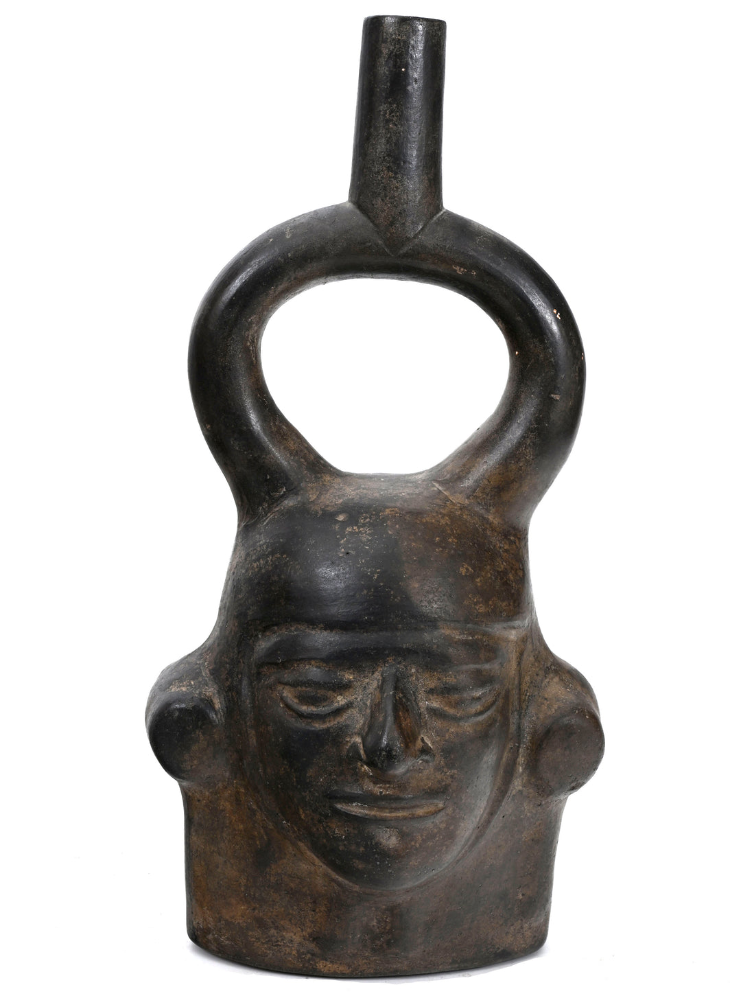 Moche BlackWare Janiform Pottery Portrait Head Stirrup Vessel