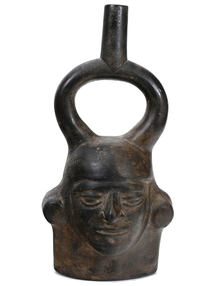 Moche BlackWare Janiform Pottery Portrait Head Stirrup Vessel