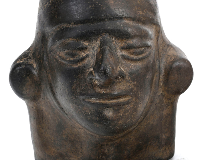 Moche BlackWare Janiform Pottery Portrait Head Stirrup Vessel