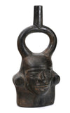 Moche BlackWare Janiform Pottery Portrait Head Stirrup Vessel