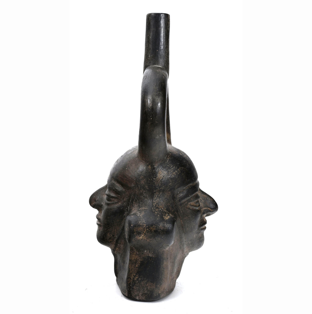Moche BlackWare Janiform Pottery Portrait Head Stirrup Vessel