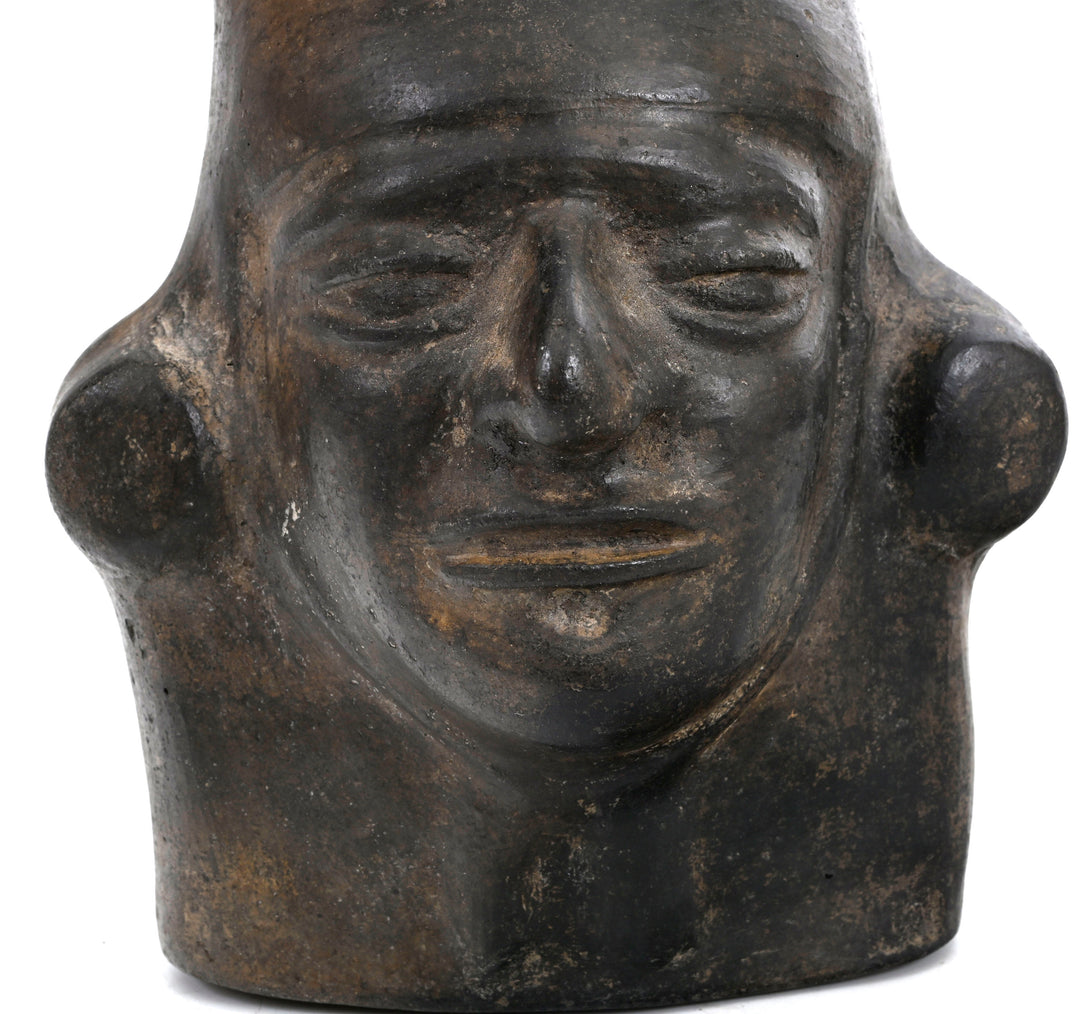 Moche BlackWare Janiform Pottery Portrait Head Stirrup Vessel