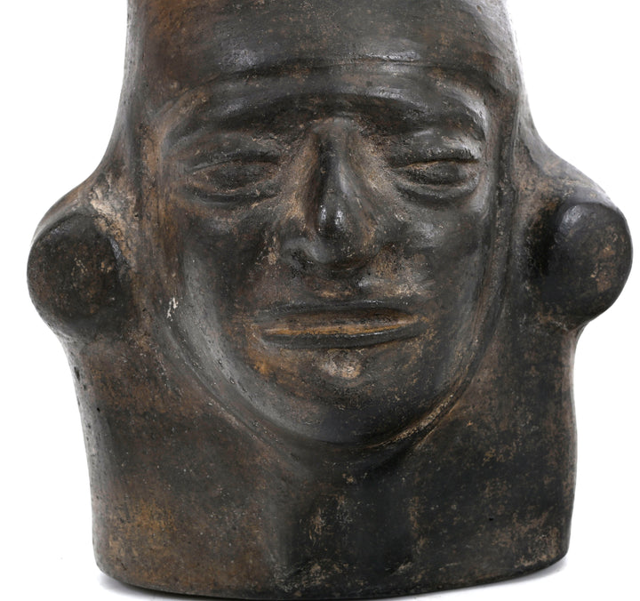 Moche BlackWare Janiform Pottery Portrait Head Stirrup Vessel