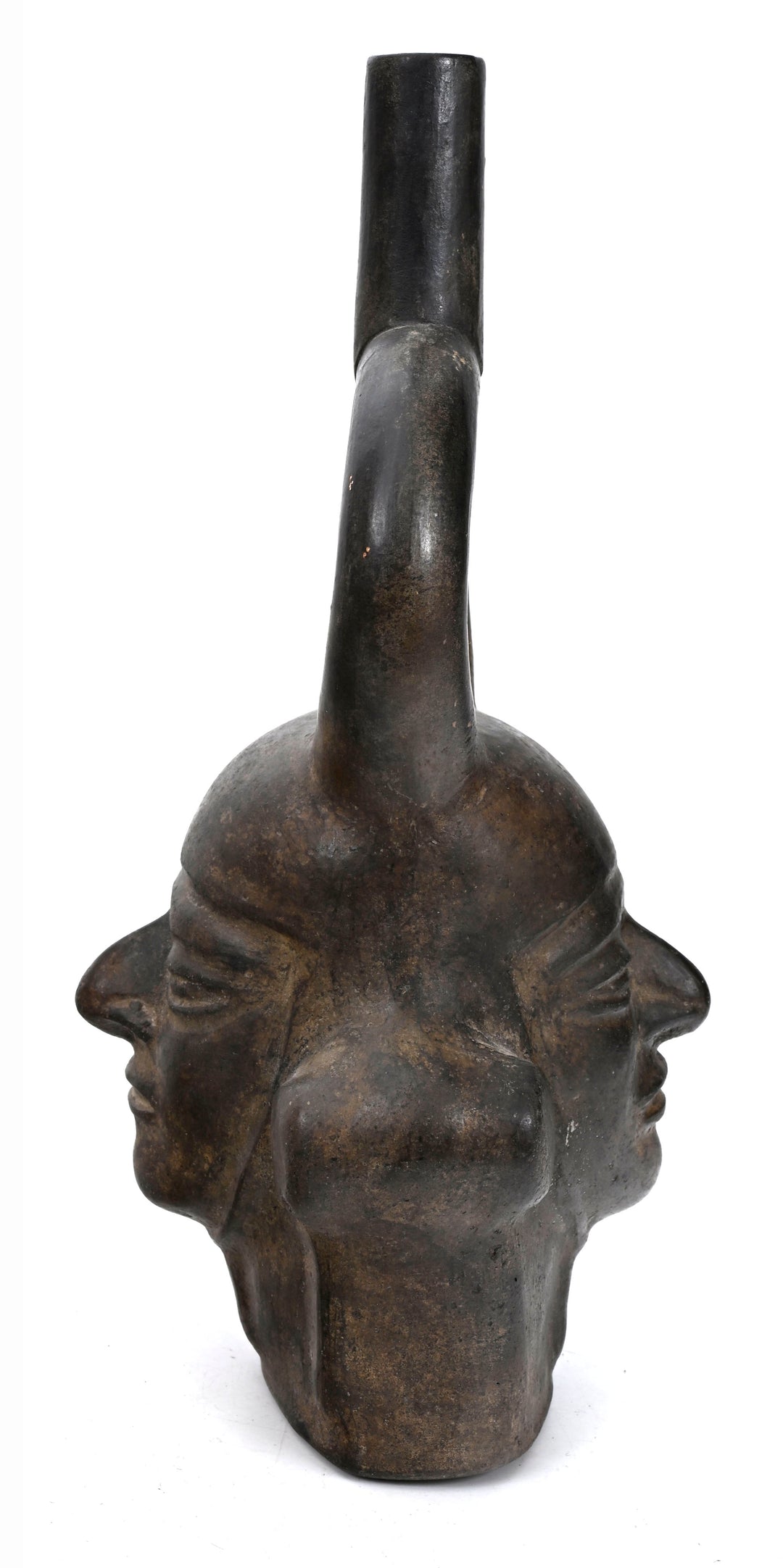 Moche BlackWare Janiform Pottery Portrait Head Stirrup Vessel