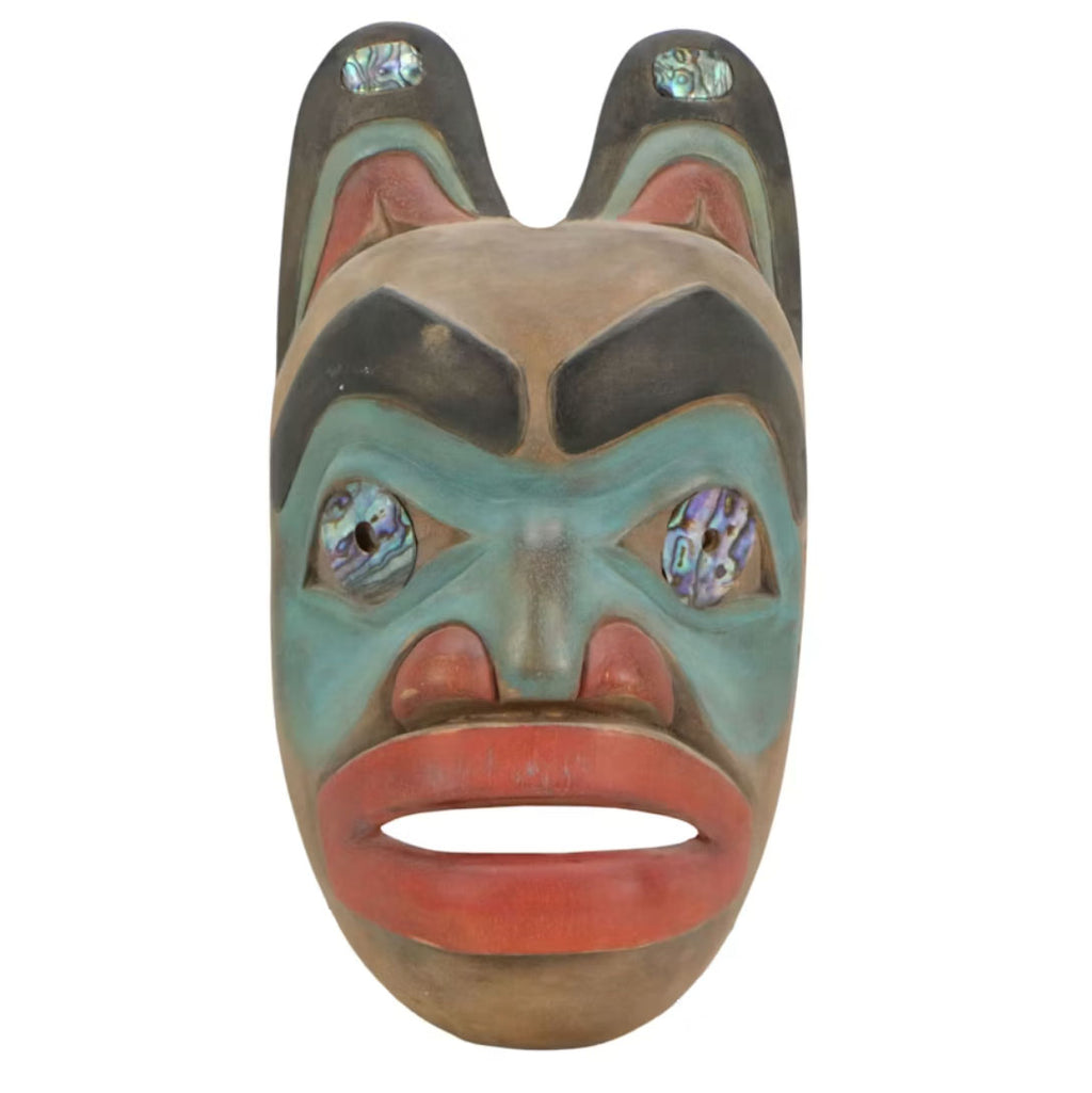 Tlingit Carved and Painted Wood Bear Mask with Abalone Inlay