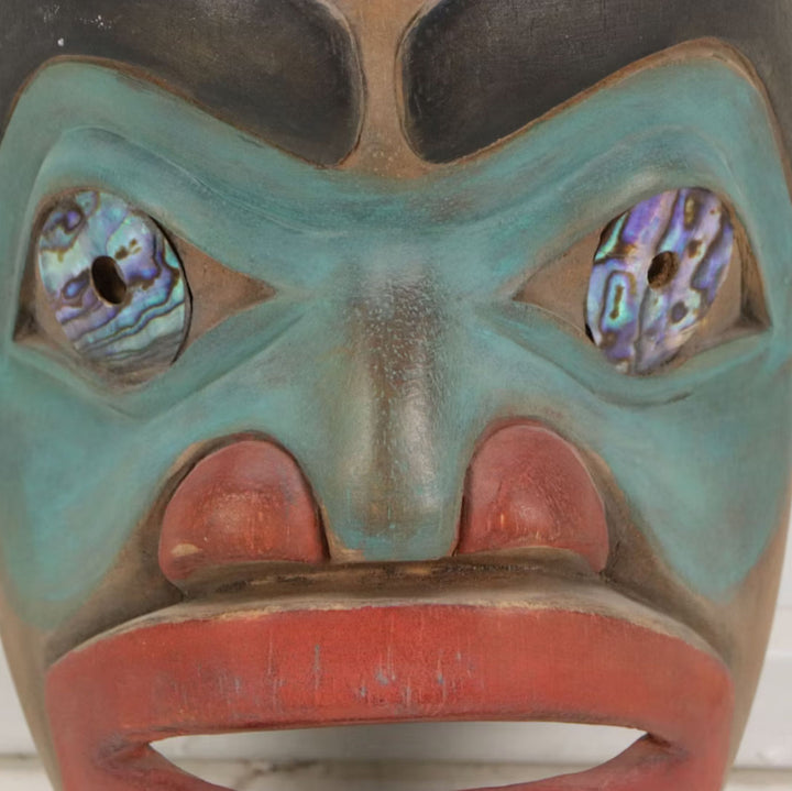 Tlingit Carved and Painted Wood Bear Mask with Abalone Inlay