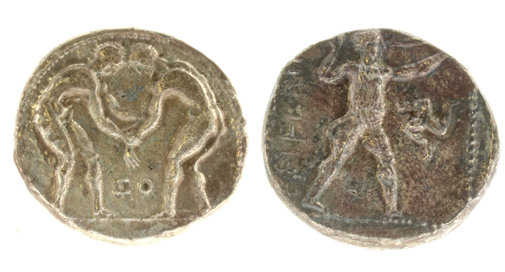 Greek Tetradrachm from Aspendos depicting Wrestlers
