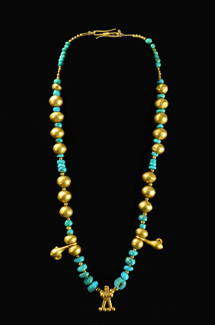Calima Gold and Moche Turquoise Stone Bead Necklace
