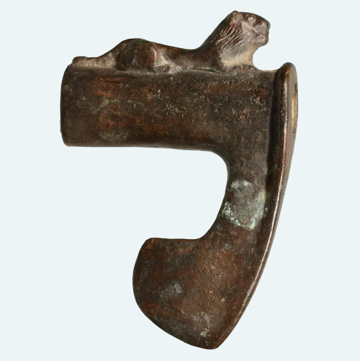 Ancient Luristan Bronze Axe Head With Lion Perched on Handle