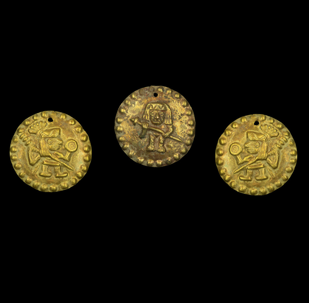 Three Moche Gold Applique Discs Embossed with Warriors