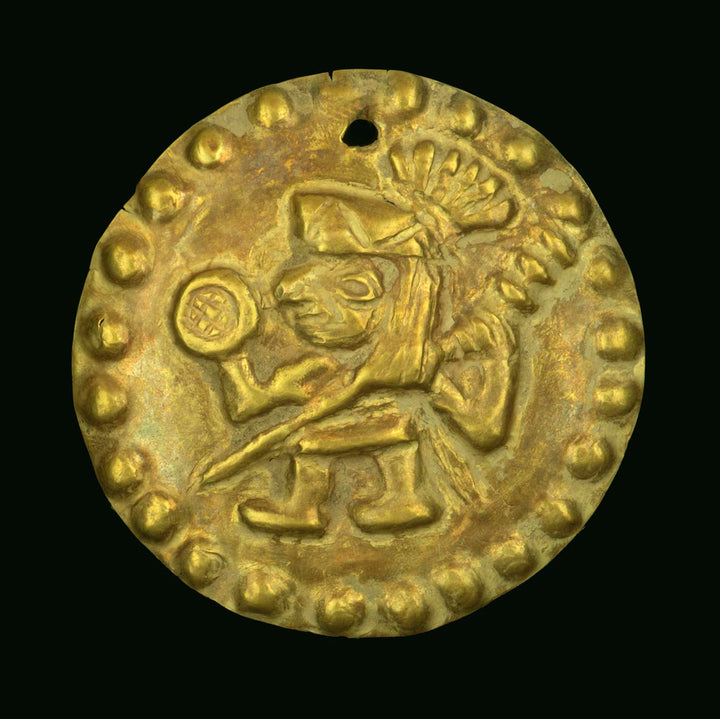 Three Moche Gold Applique Discs Embossed with Warriors