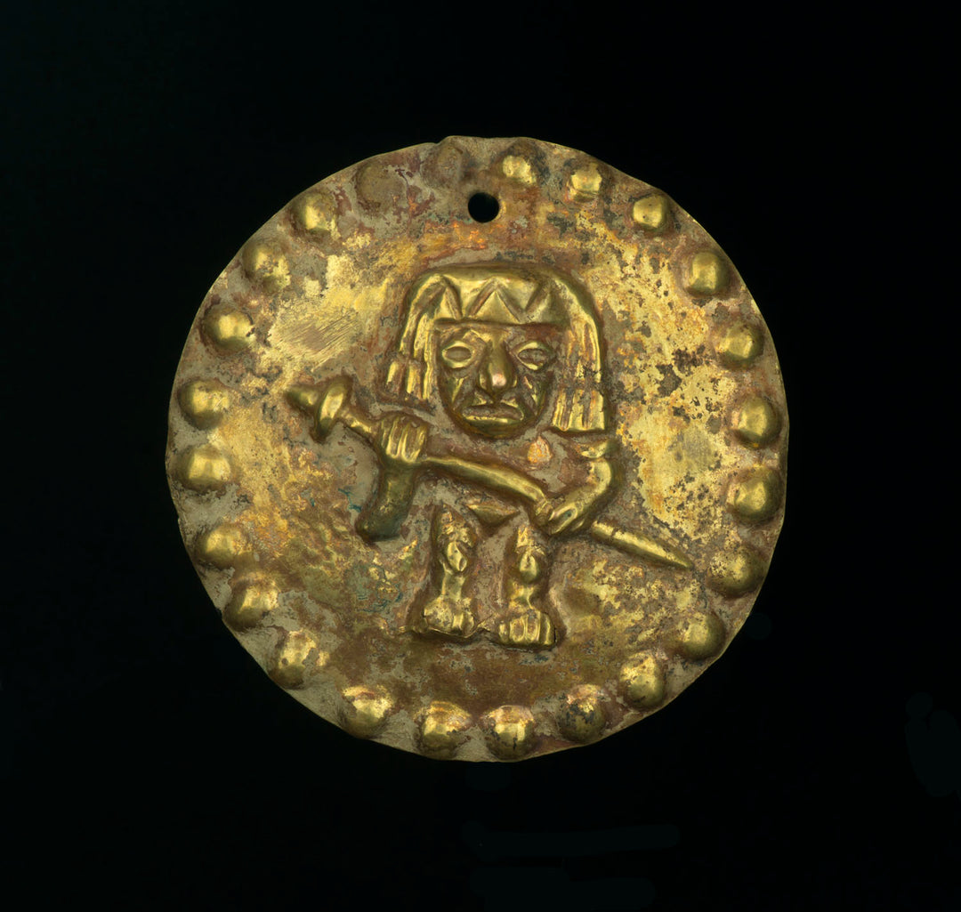 Three Moche Gold Applique Discs Embossed with Warriors